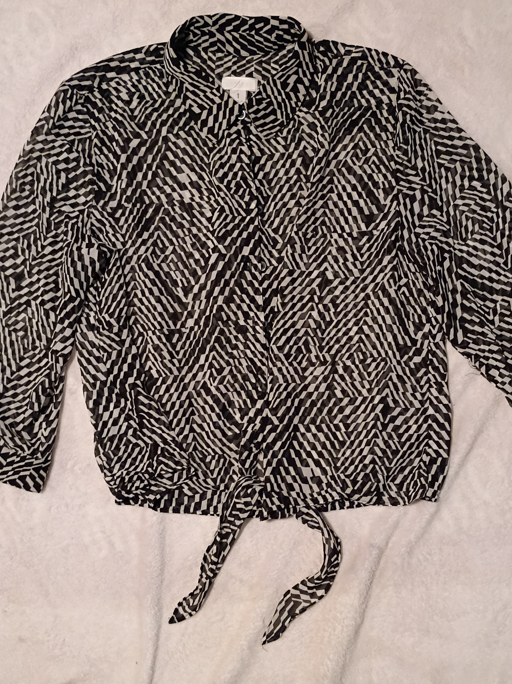 Chico's Black & White Geometric Tie-Front Button Shirt